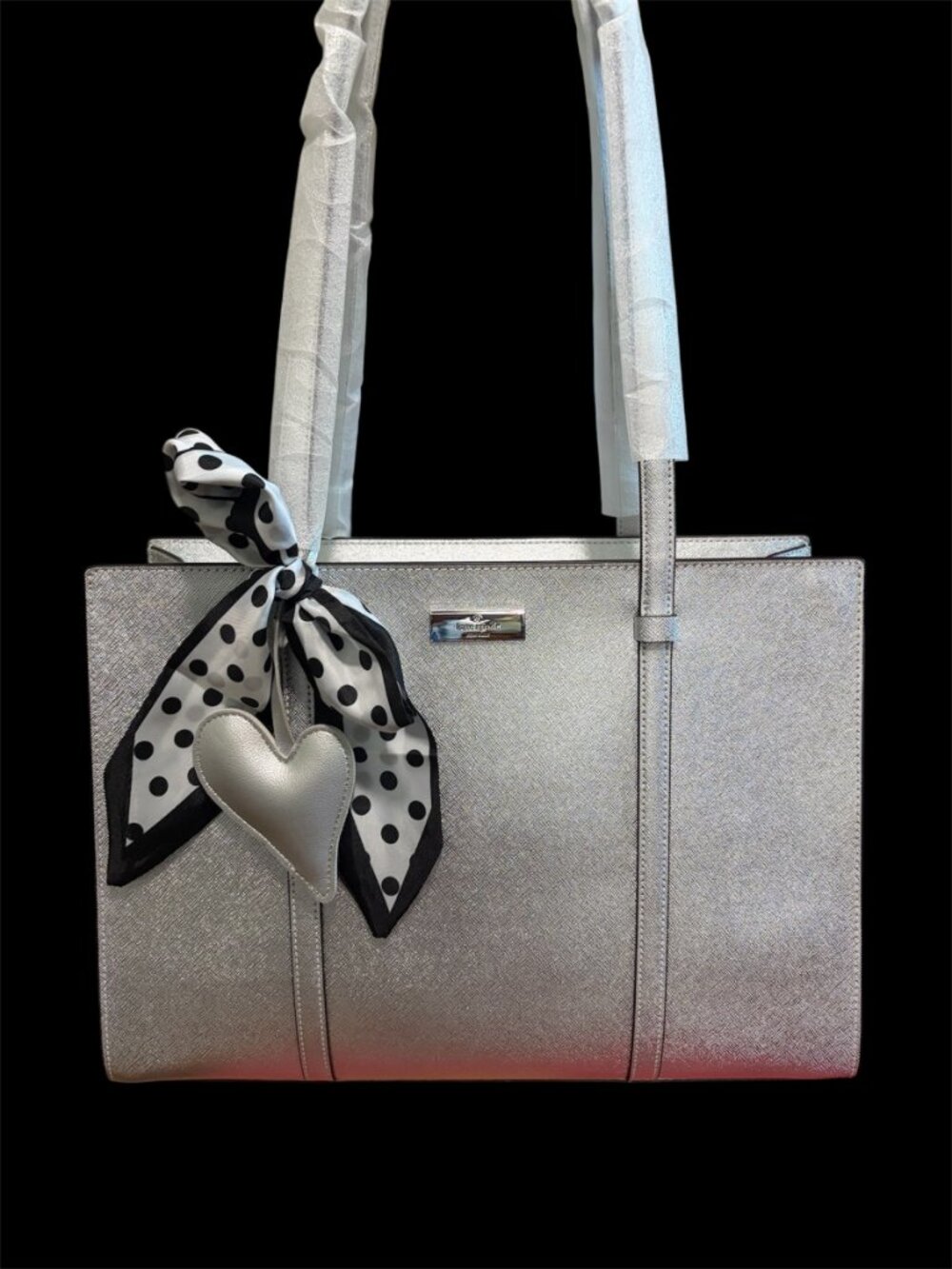 KATE SPADE-KENZIE METALLIC LARGE TOTE BAG NWT WITH DUSTY - SCARF - BAG CHARM